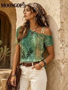 MOOSGOP Romantic Printed One-Shoulder Short Sleeve T-Shirt With Metal One Shoulder Buckle, Casual Sleepwear For Spring/Summer Vacation - Green - View 1