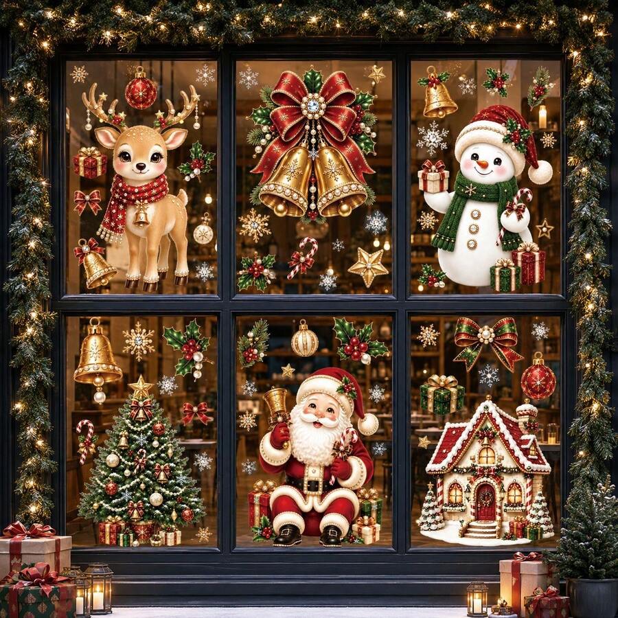 1pc New Christmas Glass Sticker Window Decoration Exquisite Jewelry Snowman Bell Window Flower Decal Old Man Tree Deer Static Cling - Multicolor - View 1