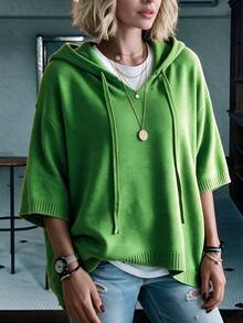 Plus Size Women's Hooded Knit Pullover Sweater, Drawstring Design, 3/4 Regular Sleeve, Loose Fit, Suitable For Casual Wear - Green - View 3