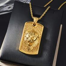 Vintage Hip Hop Stainless Steel 18K Gold Plated Twisted Rope Chain With Embossed Lion Badge Pendant, Suitable For Men And Women Daily Wear And Party, Gift - Gold - View 1