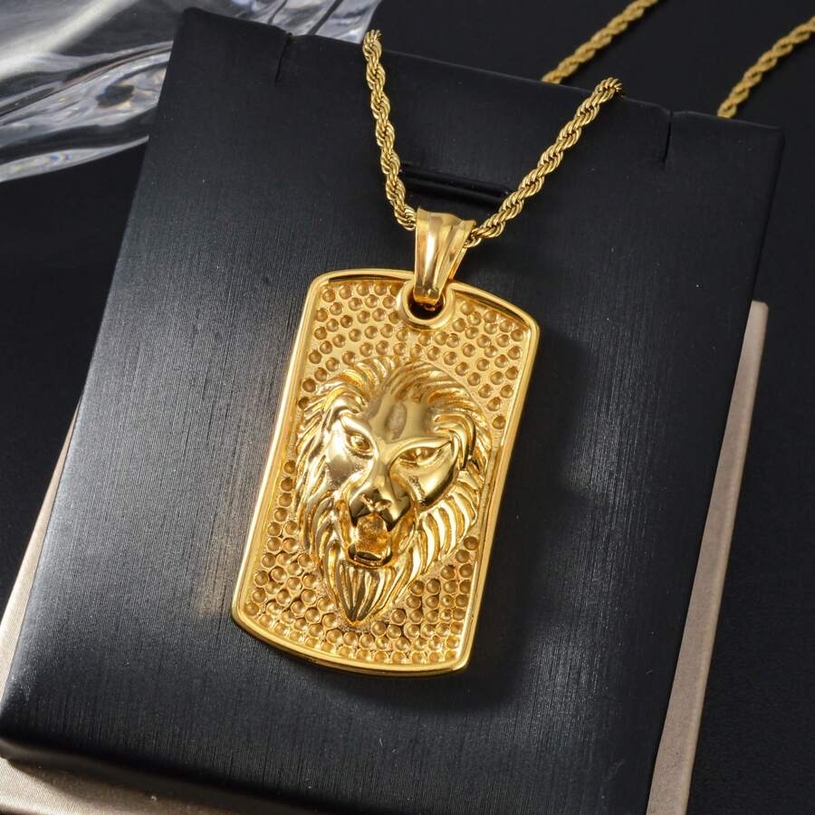 Vintage Hip Hop Stainless Steel 18K Gold Plated Twisted Rope Chain With Embossed Lion Badge Pendant, Suitable For Men And Women Daily Wear And Party, Gift - Gold - View 1