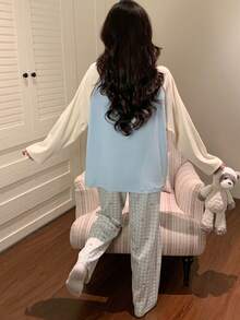 2pcs Women's Pajama Loungewear Set, Cute Pattern Print Pullover Round Neck Simple Long Sleeve Long Pants, All Season Wear - Multicolor - View 2