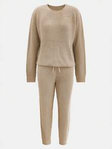 Women's Round Neck Ribbed Solid Color Casual Top + Elastic Drawstring Pencil Pants, Knit Pants 2 Pieces Set, Comfortable Winter Daily Outfit - Khaki - View 3