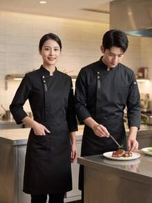 Baju Kerja Dapur Lengan Panjang Unisex Baru dengan Kerah Tegak Kecil dan Bordir yang Indah - Hitam - View 2