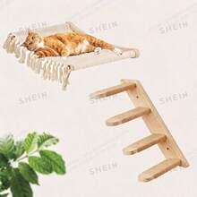 1pc Cat Wall Shelf And 1pc Perch, Tassel Cat Hammock, Cat Ladder, Modern Cat Furniture Suitable For Sleeping, Playing And Climbing - Apricot - View 1