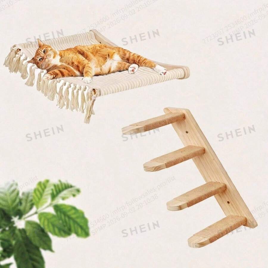 1pc Cat Wall Shelf And 1pc Perch, Tassel Cat Hammock, Cat Ladder, Modern Cat Furniture Suitable For Sleeping, Playing And Climbing - Apricot - View 1