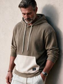 GOLDREDY Men's Spring/Autumn Asymmetrical Striped Colorblock Pocket Hooded Jacket, College Style Casual Fashion Minimalist Daily Versatile For Multiple Occasions - Brown - View 1