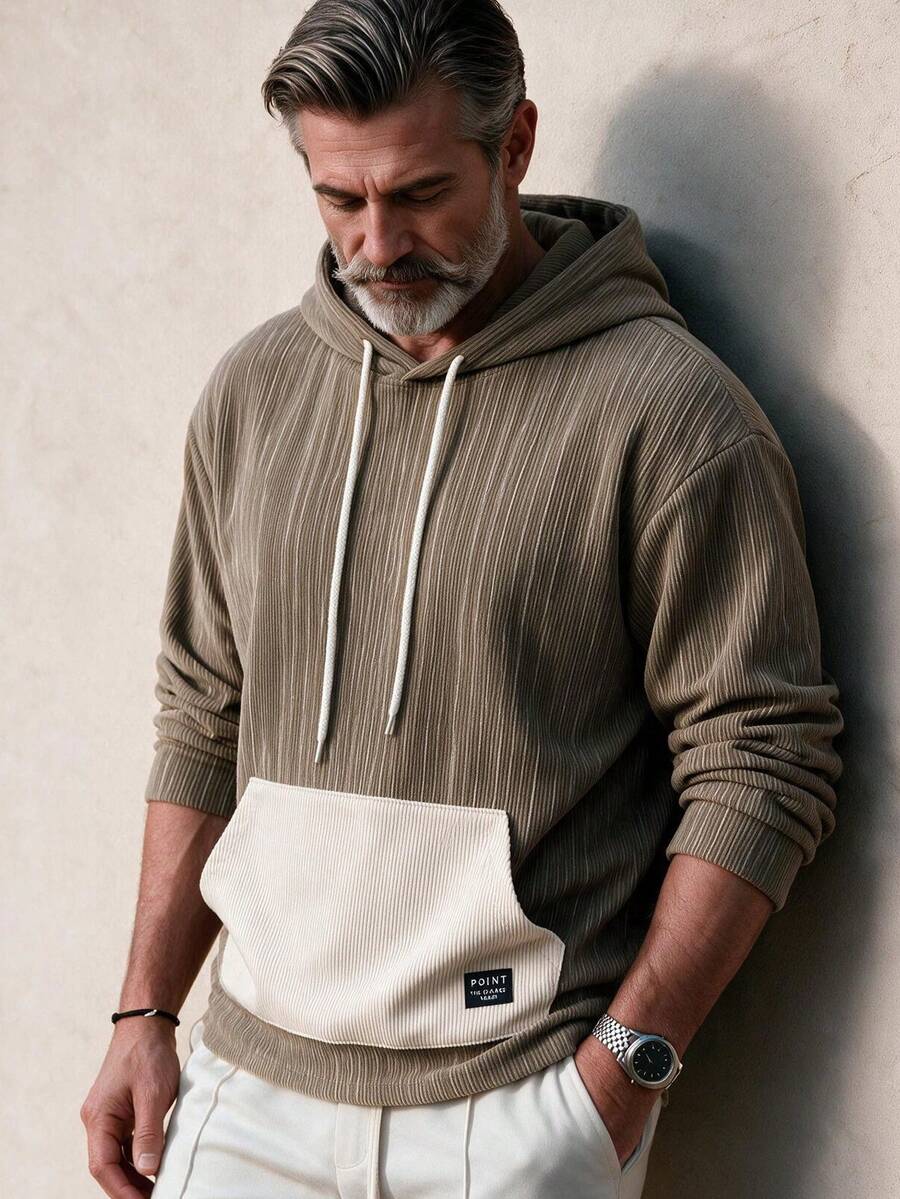 GOLDREDY Men's Spring/Autumn Asymmetrical Striped Colorblock Pocket Hooded Jacket, College Style Casual Fashion Minimalist Daily Versatile For Multiple Occasions - Brown - View 1