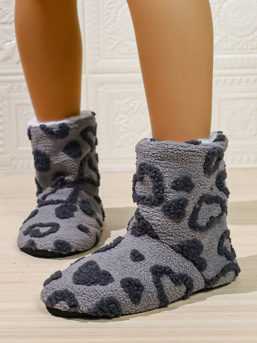Warm Jacquard Heart Pattern Women's House Slippers, Lightweight Soft Sole Indoor Women's Slippers Boots - Grey - View 1