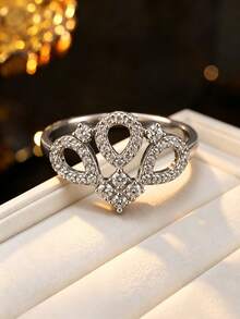 1pc Women's Royal Crown Style Cubic Zirconia Inlaid Ring, Luxury Hollow Design, Party Gathering Atmosphere Accessory, Stackable Finger Ring - Ring - View 3