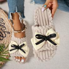 Women's Solid Color Fashion Fabric Bow Knot Comfortable Soft Sole Home Slippers Autumn/Winter One-Strap - Beige - View 1