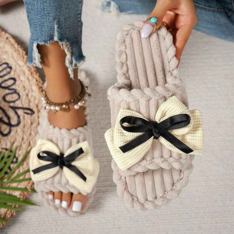 Women's Solid Color Fashion Fabric Bow Knot Comfortable Soft Sole Home Slippers Autumn/Winter One-Strap - Beige - View 1