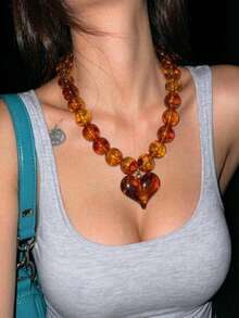1件時尚誇張大珠龐克鎖骨鏈心形吊墜串珠項鍊 女款 - 棕色 - 查看 3