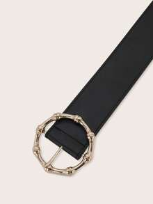 1pc Large Bamboo Knot Round Buckle PU Leather Belt - Black - View 3
