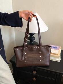 New Vintage-Style Rivet-Embellished PU Women's Tote Bag: Fall/Winter Large-Capacity Shoulder Bag-Versatile Brown Handbag For Shopping And Commuting - Coffee - View 7