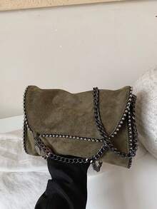 Women Envelope Crossbody Bag Solid Color Suede Fabric Rivet Trim Chain Strap Pendant Decor Medium Capacity Chic Style For Women Party Daily Use - Green - View 3