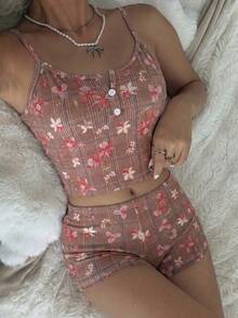 Women's Vintage Plaid & Ditsy Floral Camisole & Shorts Pajama Set - Pink - View 3