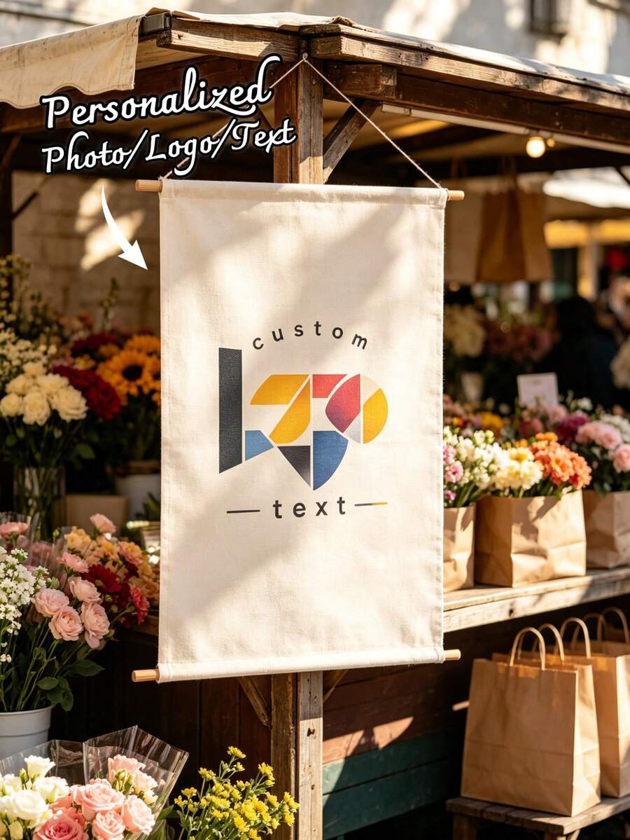 1pc Customized Logo Vertical Commercial Sign, Personalized Your Logo/Text Hanging Fabric Banner, Market Display, Pop-Up Store Brand Promotion, Booth Exhibition - Multicolor - View 1