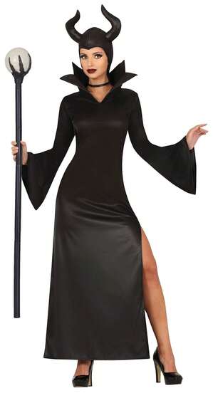 KIWI Kostüm der bösen Fee für Erwachsene Damen, elegantes und dunkles Komplettkostüm mit langem schwarzen Kleid, hohem Kragen, ideal für Halloween