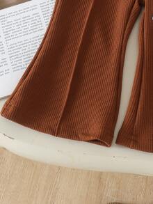 2pcs Baby Girl Cute Casual Printed Long Sleeve Sweatshirt & Flared Pants Set, Thin For Spring/Autumn - Coffee Brown - View 7