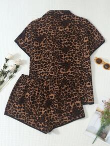 2pcs Women's Comfortable Leopard Print Short Sleeve Collared Top And Bow Shorts Pajama Set - Brown - View 2