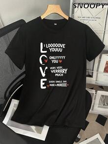 تي شيرت نسائي Snoopy LOVE بطبعة جرافيك وشعار رومانسي، كاجوال بأكمام قصيرة - الأسود - مشاهدة 3