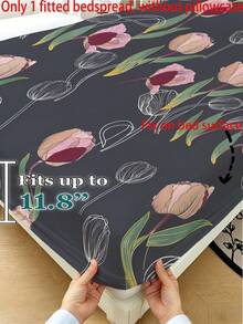 1 Buah Sprei Fitted Motif Tulip Geometris Elegan (Hanya Sprei, Tanpa Sarung Bantal), Kain Poliester 100% Lembut dan Nyaman, Cocok untuk Kamar Tidur, Kamar Tamu, Asrama Sekolah, Pelindung Kasur Sepanjang Musim - MultiWarna - View 3