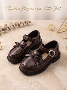 1 Pair Kids Brown Loafers & Oxford Shoes, Girls School Style Mary Jane Flats, Bow & Metal Buckle Decor Hook & Loop Design, Kids Student Shoes, Suitable For Spring & Autumn Daily Wear - Brown - View 4