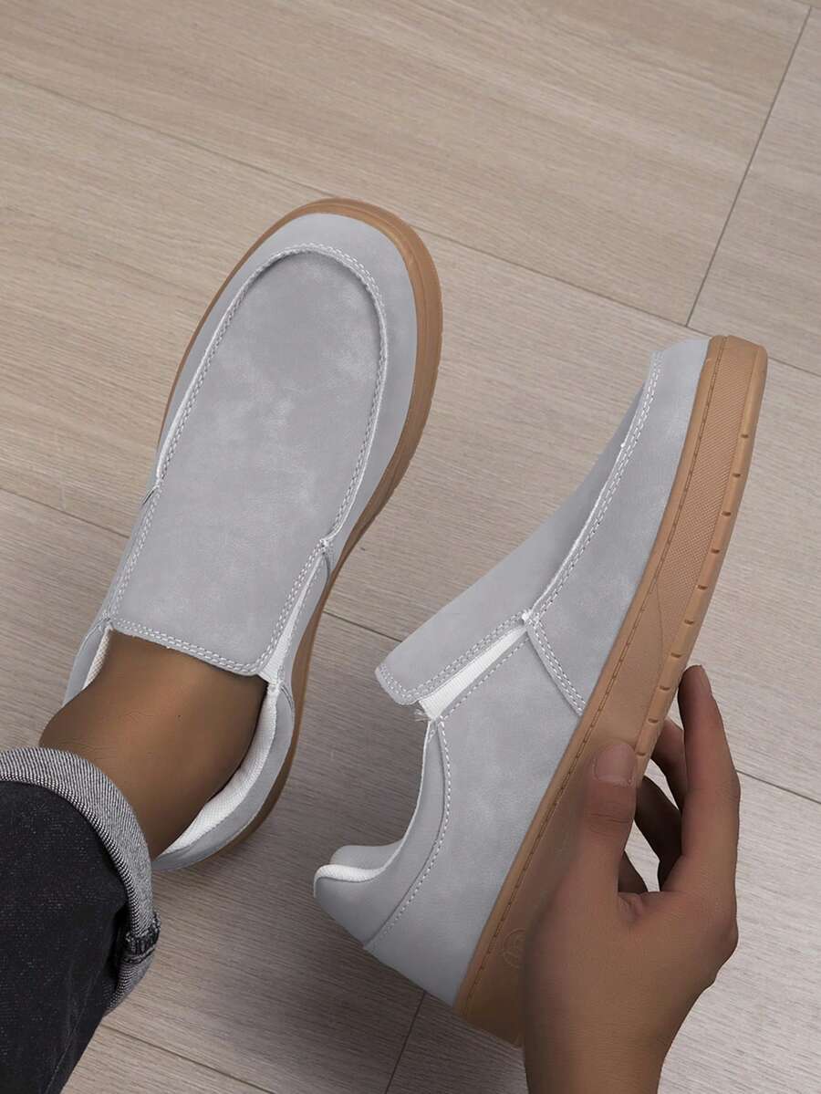 Men's Slip-On Casual Loafers, Solid Color Minimalist Design, Flat Sole, Suitable For Daily Wear, Commuting, All-Season - Light Grey - View 1