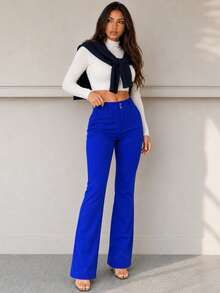 Apperloth A Vintage Colorful Classic Flare Leg Elastic High Waist Slanted Pocket Double Button Slim Fit Long Pants Suitable For Business Casual Daily Comfortable Teacher - Blue - View 4