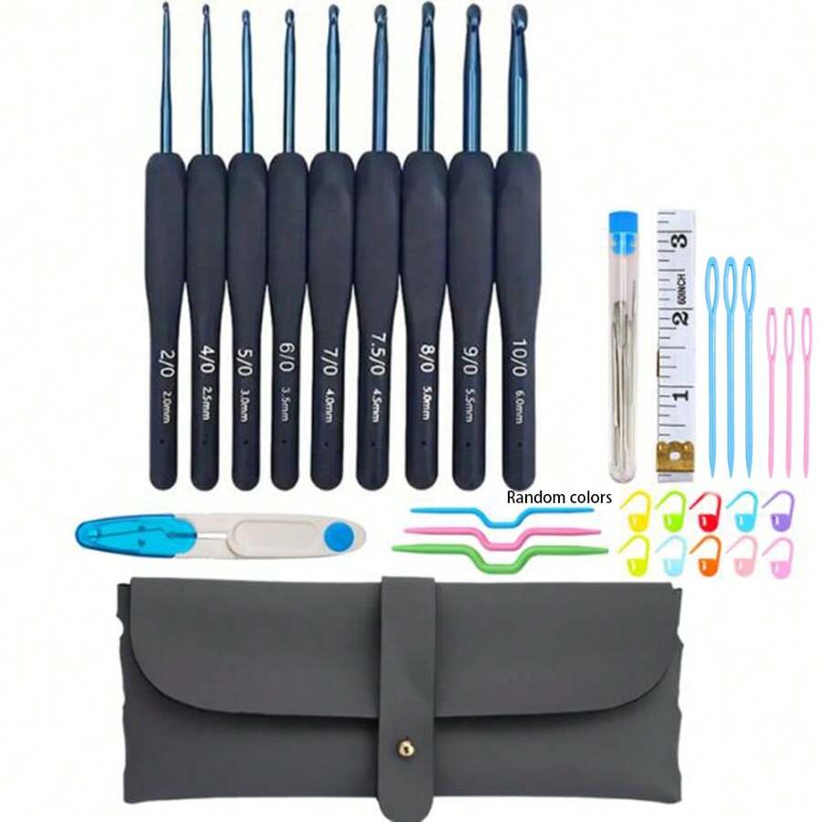 Minimalist Ergonomic Crochet Hook Set, Full Set Of Soft Handle Knitting Needles + PU Leather Storage Bag, Includes Sewing Accessories (Random Color, Not Limited To Shown In Image), Suitable For Beginners & DIY Projects, Perfect For Sewing, Knitting Scarves, Hats And Other DIY Projects - Crochet Set - View 1