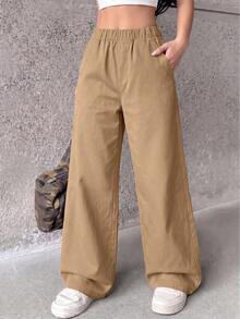 1pc Teen Girls Minimalist Loose Outdoor Sports Workout Personalized Solid Color Straight Leg Long Pants, Suitable For Spring/Summer/Autumn/Winter, Back To School - Khaki - View 4