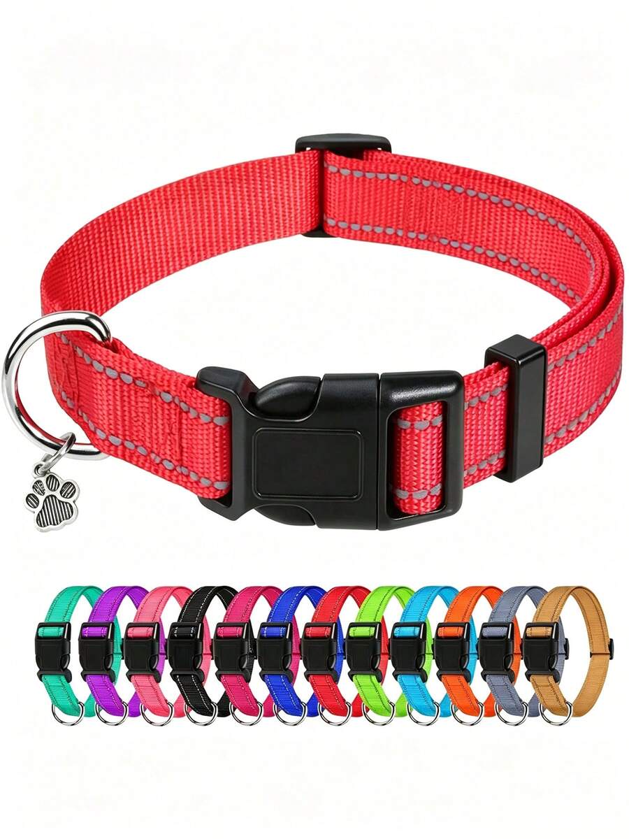 Reflective Paw Print Decor Nylon Pet Collar For Large/medium/small Dogs, Adjustable Size - Red - View 1