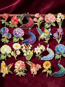 10pcs Random Style Flower Bird Peacock Brooch Set, Multiple Floral Hummingbird Peacock Designs Randomly Matched, Versatile Decorative Accessories For Coats Shawls Jackets - 10pcs Random Styles - View 4