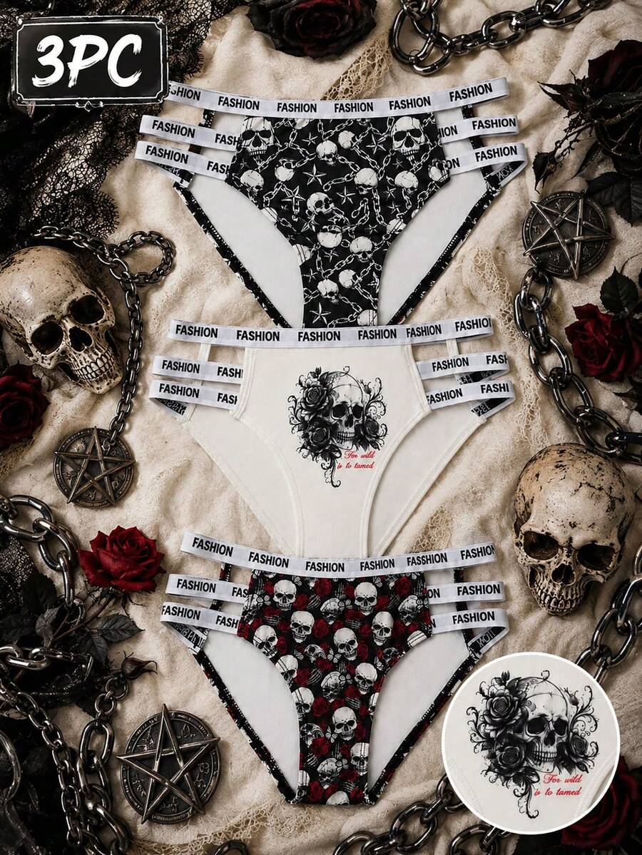 3pcs Gothic Subculture Women's Panties Set, Skull Rose Chain Print ...
