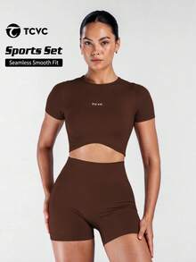 TCVC Women's Seamless Knit Elastic Round Neck Short Sleeve Top And High Waist Tummy Control Biker Shorts Sports Yoga Set Summer - Coffee Brown - View 1