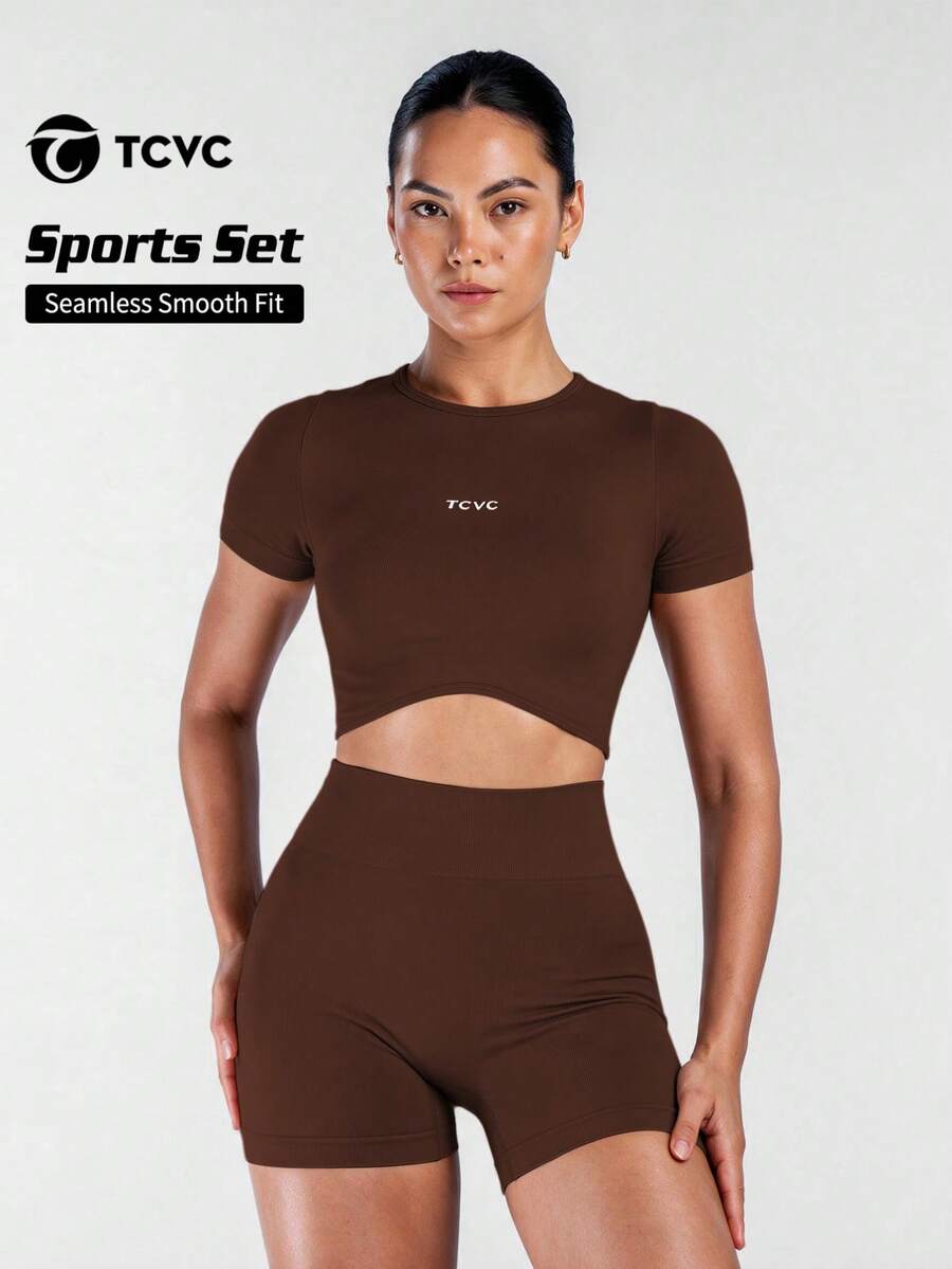 TCVC Women's Seamless Knit Elastic Round Neck Short Sleeve Top And High Waist Tummy Control Biker Shorts Sports Yoga Set Summer - Coffee Brown - View 1