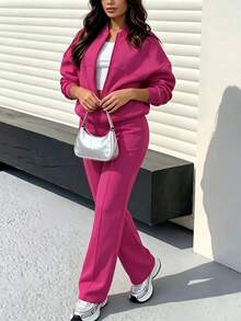 2pcs Casual Solid Color Sweatshirt Jacket Top And Straight Leg Pants Set, Soft Fleece Fabric, Suitable For Spring, Autumn And Winter Elegant - Rose Red 10# - View 8