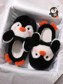Penguin Cartoon Plush Hooded Slippers, Cute Thermal Lined, Unisex Soft Winter Outdoor Indoor Shoes - Black - View 3