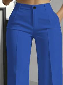 Women's Long Straight Leg Pants, Made Of Polyester, With Button & Zipper Closure, Pockets, Slightly Stretchy Fabric Spring - Blue - View 2