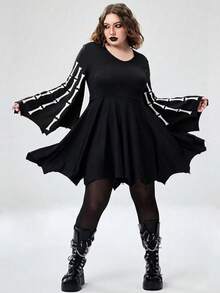 Halloween Gothic Skull Print Crew Neck Flared Sleeve Asymmetric Hem Mini Dress, Plus Size Knit Fabric - Black - View 2