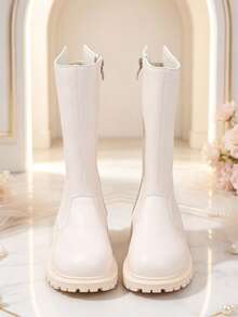 1 Pair Girls' Tall Chelsea Boots, Soft PU + Elastic Soft Sole With Inner Zipper Design, Minimalist Classic Princess Style High-Top Boots, Suitable For Daily Wear, School, Holidays, Autumn/Winter New - Apricot - View 4