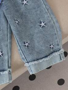 2pcs Baby Girl Casual Sweet & Cool Striped Shirt & Embroidered Denim Jeans Set, Thin Spring/Autumn - Light Wash - View 7