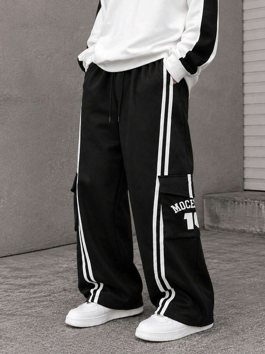 Black Side Double Stripe Letter Print Cargo Sweatpants, Elastic Drawstring Wide Leg American Street Casual Long Pants For Men - Black - View 1