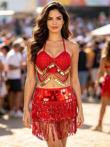 Coin Dangle Mesh Halter Top Stacked Metal Disc Fringe Short Skirt For Nightclub Exotic Belly Dance Carnival Performance Multiple Colors Available - Multicolor - View 3