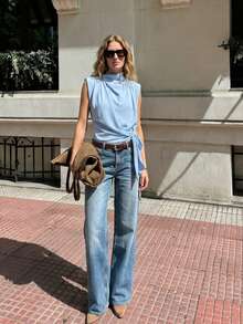 ZAHM Elegant Jacquard Satin Sleeveless Collared Top With Tie Waist, Summer - Baby Blue - View 1
