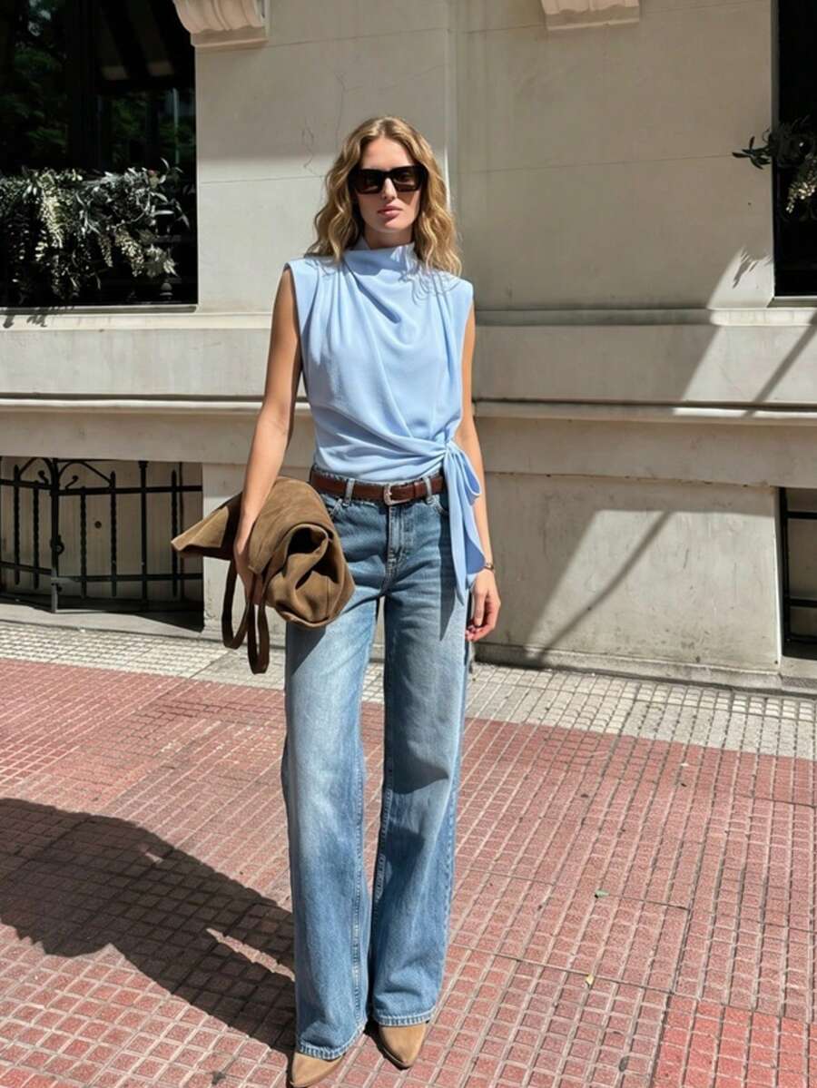 ZAHM Elegant Jacquard Satin Sleeveless Collared Top With Tie Waist, Summer - Baby Blue - View 1