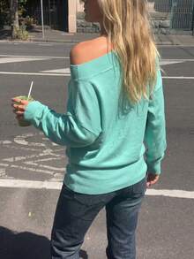 FOR BEAUTY Women's Mint Green Y2K Loose Cold Shoulder V-Neck Long Sleeve Knit Sweater, Suitable For Outings, Parties And Campus Fall - Light Blue - View 9