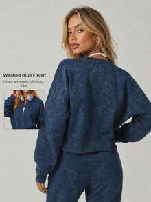 Women's Navy Blue Fashion Pattern Zipper Short Flight Jacket Sweatshirt, Ribbed Hem Long Sleeve Top Outerwear, Suitable For Sports, Fitness, Street Casual, Home Wear - Royal Blue - View 10