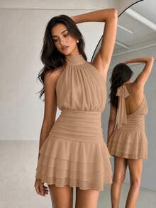 Elegant Halter Neck Backless Mini Dress With Tiered Ruffle Hem Wedding - Khaki - View 4